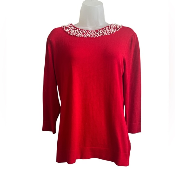 Ladies Karl Lagerfeld Paris Pearl Trim Red Sweater Size Medium - Picture 3 of 6